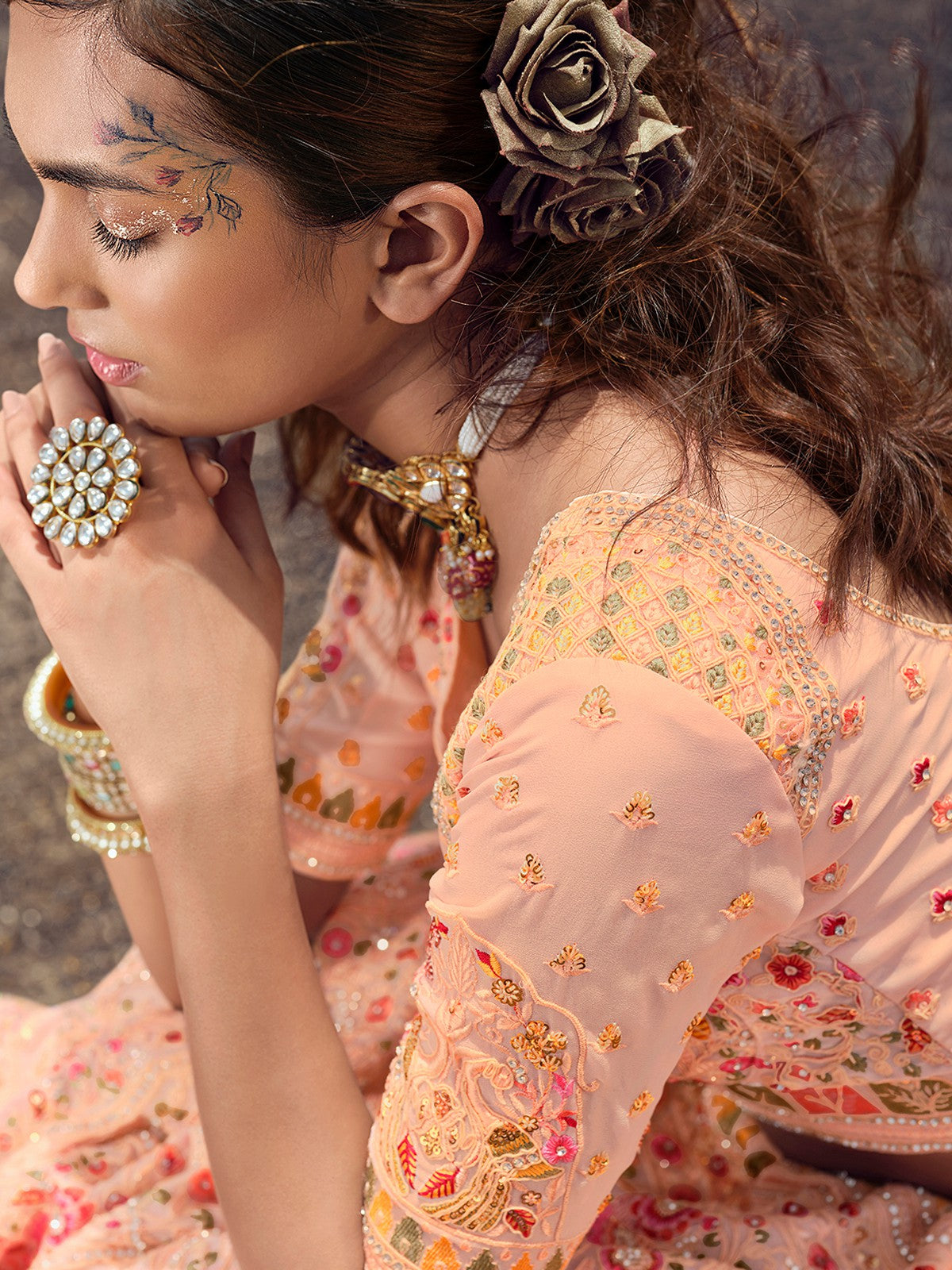 Odette Women Peach Embroidered Georgette Semi Stitched Lehenga With Unstitched Blouse