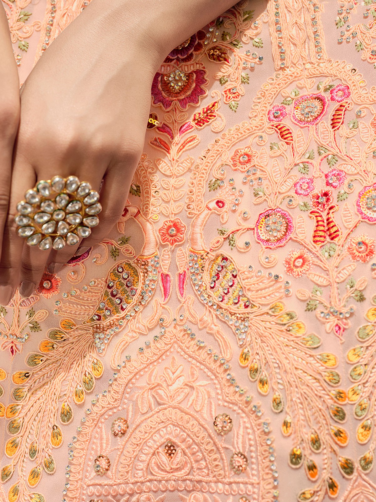 Odette Women Peach Embroidered Georgette Semi Stitched Lehenga With Unstitched Blouse