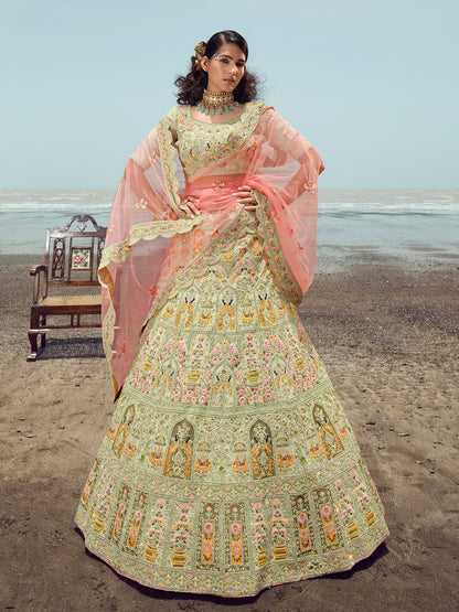 Odette Women Green Embroidered Georgette Semi Stitched Lehenga With Unstitched Blouse