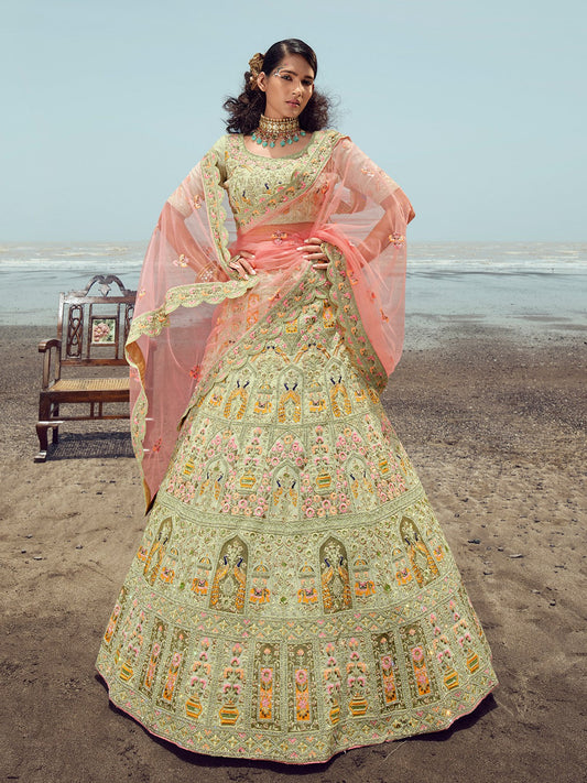 Odette Women Green Embroidered Georgette Semi Stitched Lehenga With Unstitched Blouse