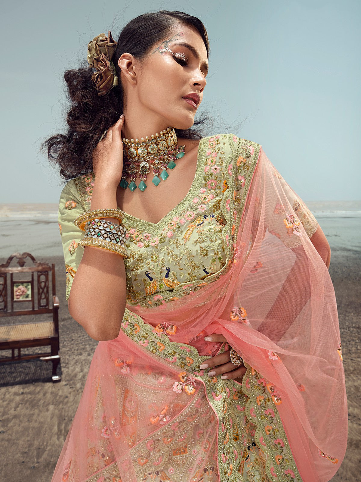 Odette Women Green Embroidered Georgette Semi Stitched Lehenga With Unstitched Blouse