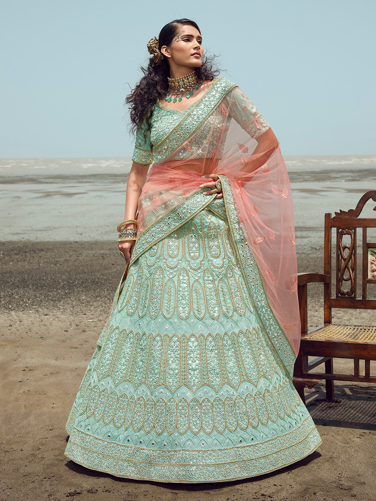 Odette Women Sea Green Embroidered Organza Semi Stitched Lehenga With Unstitched Blouse