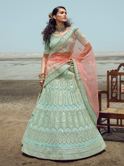 Odette Women Sea Green Embroidered Organza Semi Stitched Lehenga With Unstitched Blouse