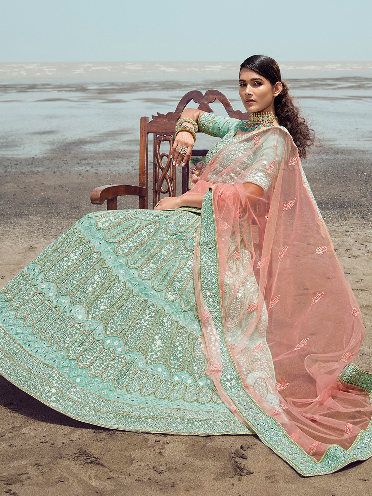 Odette Women Sea Green Embroidered Organza Semi Stitched Lehenga With Unstitched Blouse