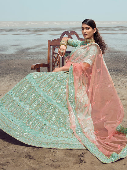 Odette Women Sea Green Embroidered Organza Semi Stitched Lehenga With Unstitched Blouse