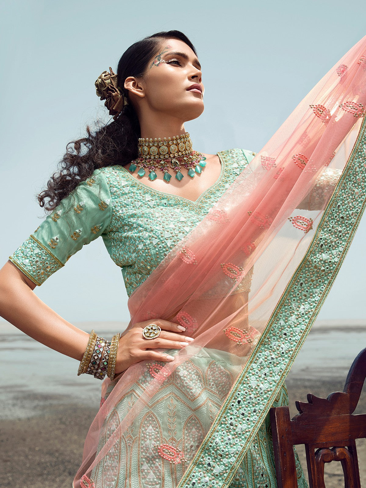 Odette Women Sea Green Embroidered Organza Semi Stitched Lehenga With Unstitched Blouse