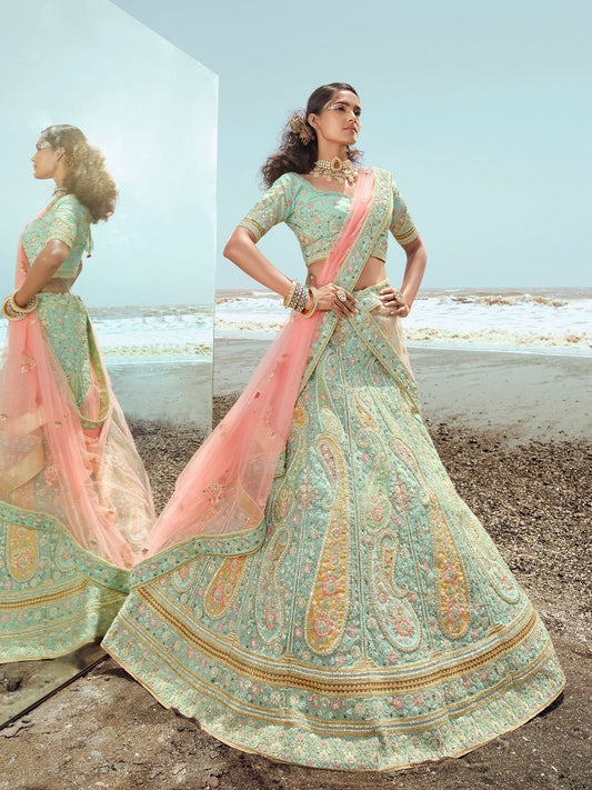 Odette Women Sky Blue Embroidered Organza Semi Stitched Lehenga With Unstitched Blouse