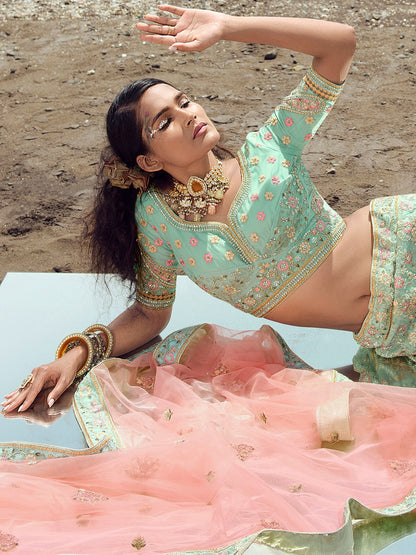 Odette Women Sky Blue Embroidered Organza Semi Stitched Lehenga With Unstitched Blouse