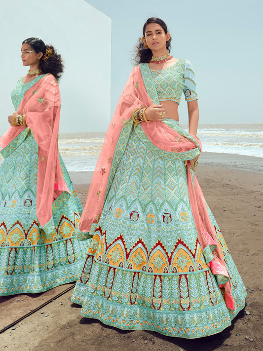 Odette Women Light Blue Georgette Semi Stitched Lehenga With Unstitched Blouse