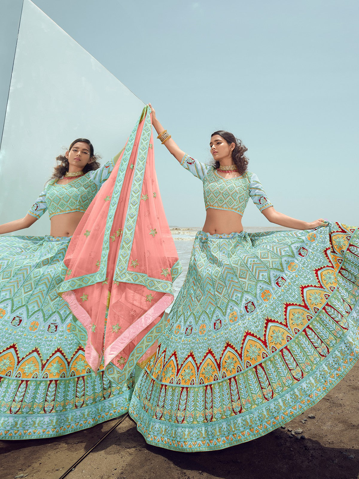 Odette Women Light Blue Georgette Semi Stitched Lehenga With Unstitched Blouse