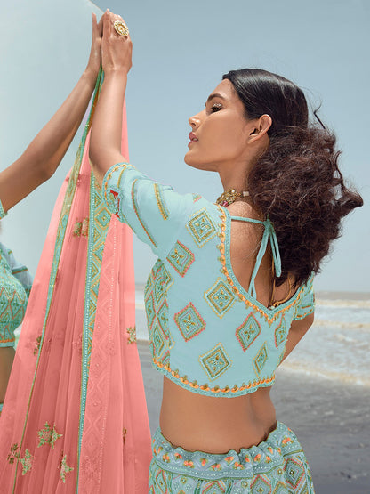 Odette Women Light Blue Georgette Semi Stitched Lehenga With Unstitched Blouse