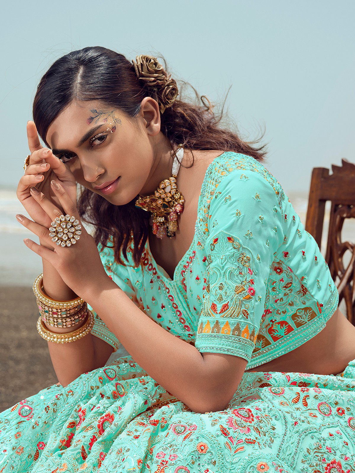 Odette Women Blue Semi Stitched Lehenga With Unstitched Blouse