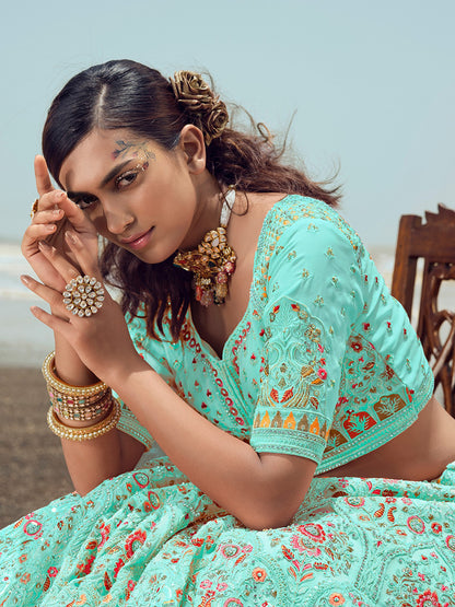 Odette Women Blue Semi Stitched Lehenga With Unstitched Blouse