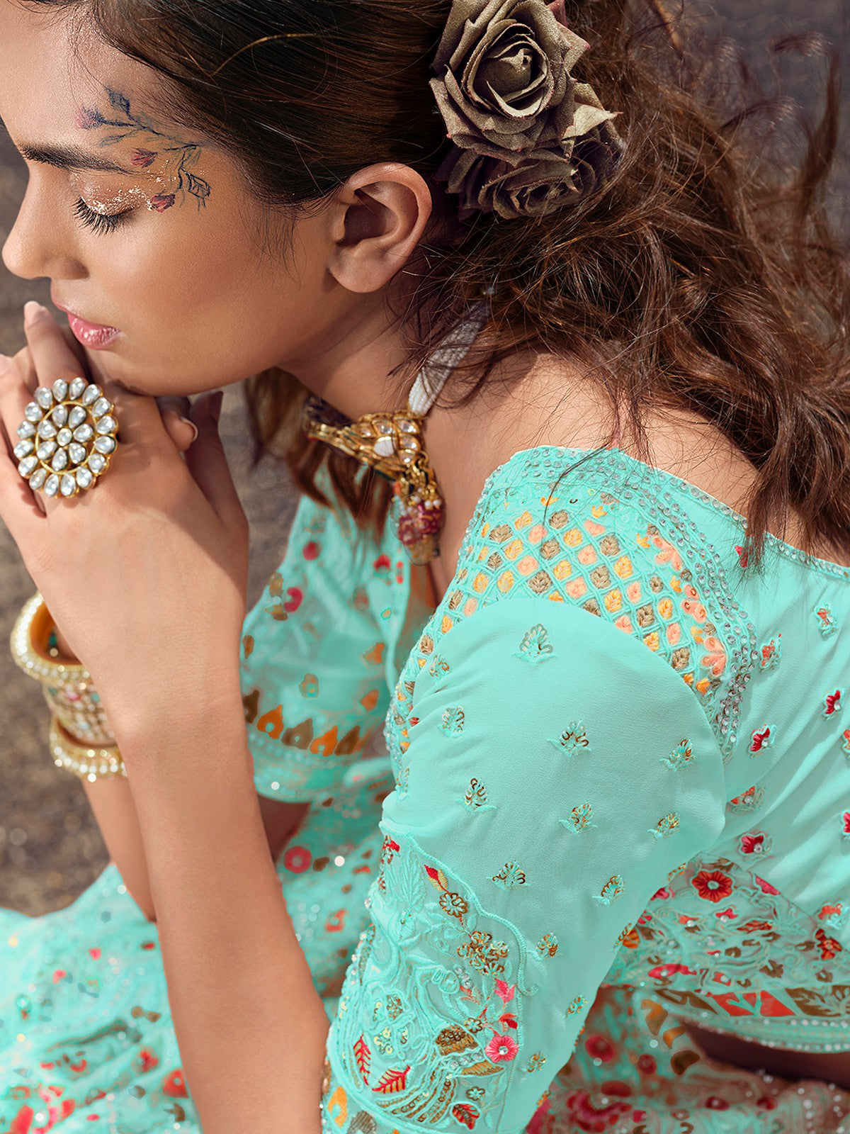 Odette Women Blue Semi Stitched Lehenga With Unstitched Blouse