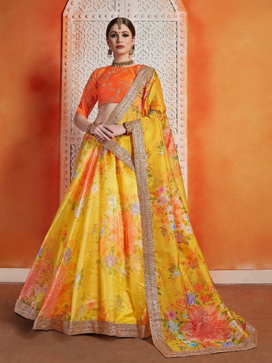 Odette Women Designer Yellow Organza Semi Stitched Lehenga With  Unstitched Blouse