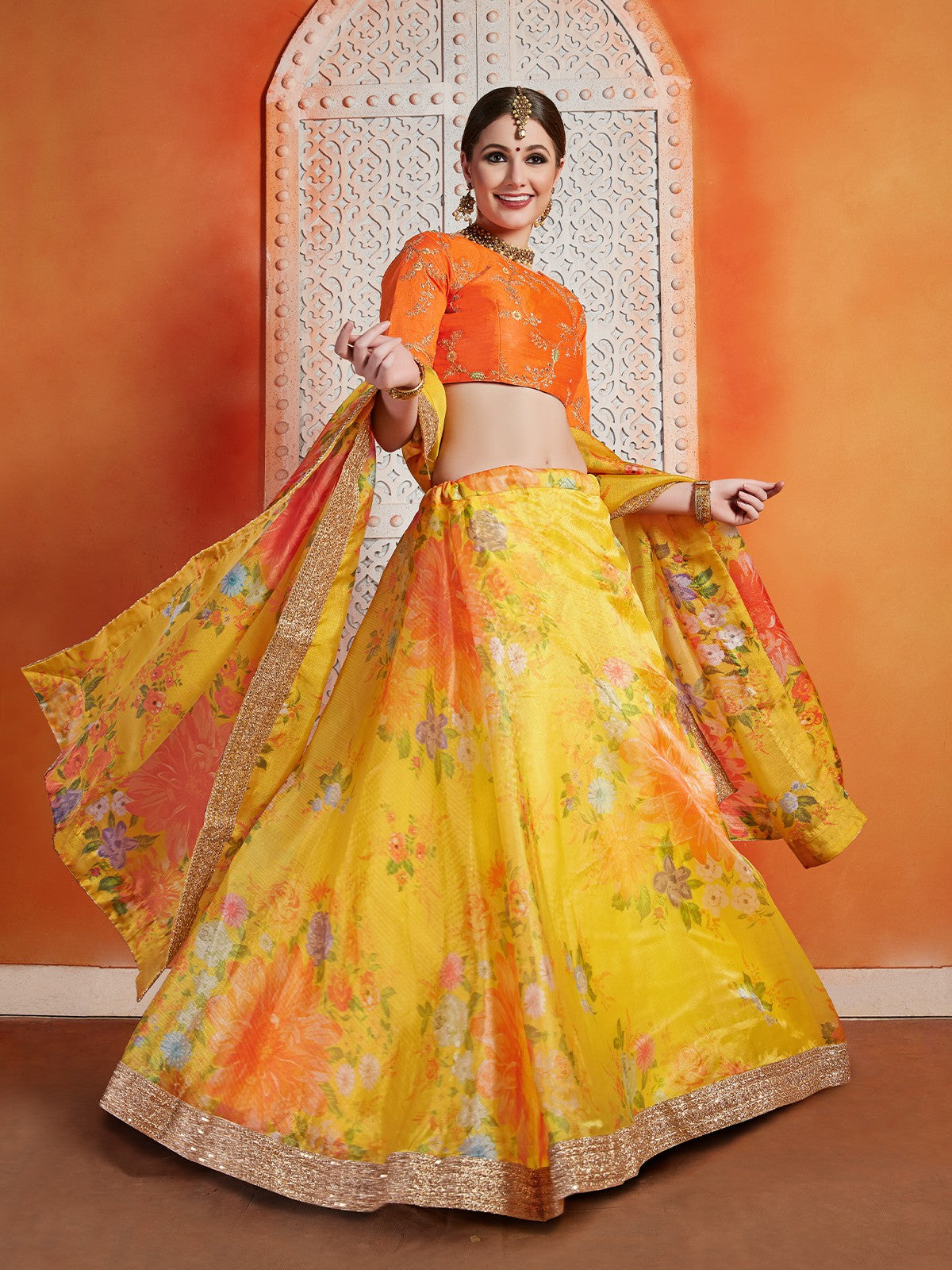 Odette Women Designer Yellow Organza Semi Stitched Lehenga With  Unstitched Blouse