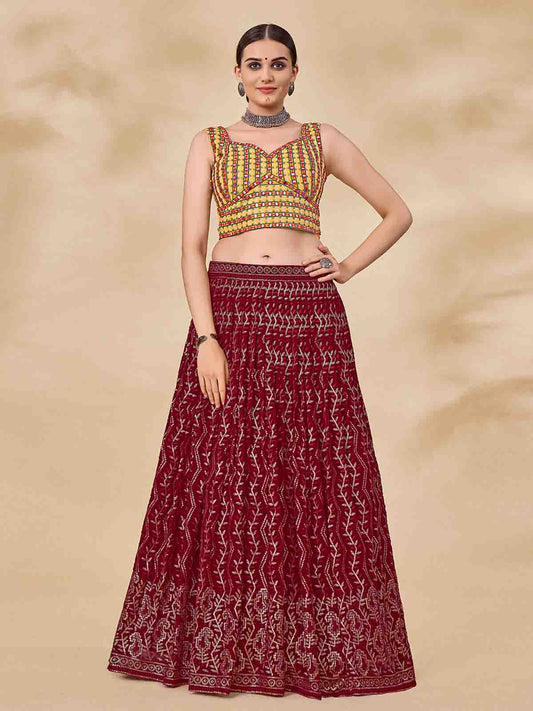 Odette Women Maroon Embroidered Semi Stitched Lehenga With Unstitched Blouse