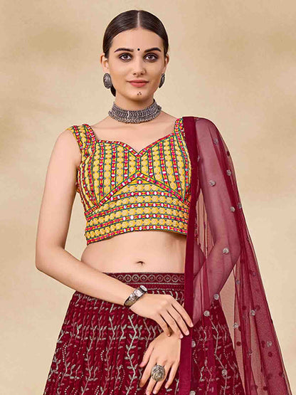 Odette Women Maroon Embroidered Semi Stitched Lehenga With Unstitched Blouse
