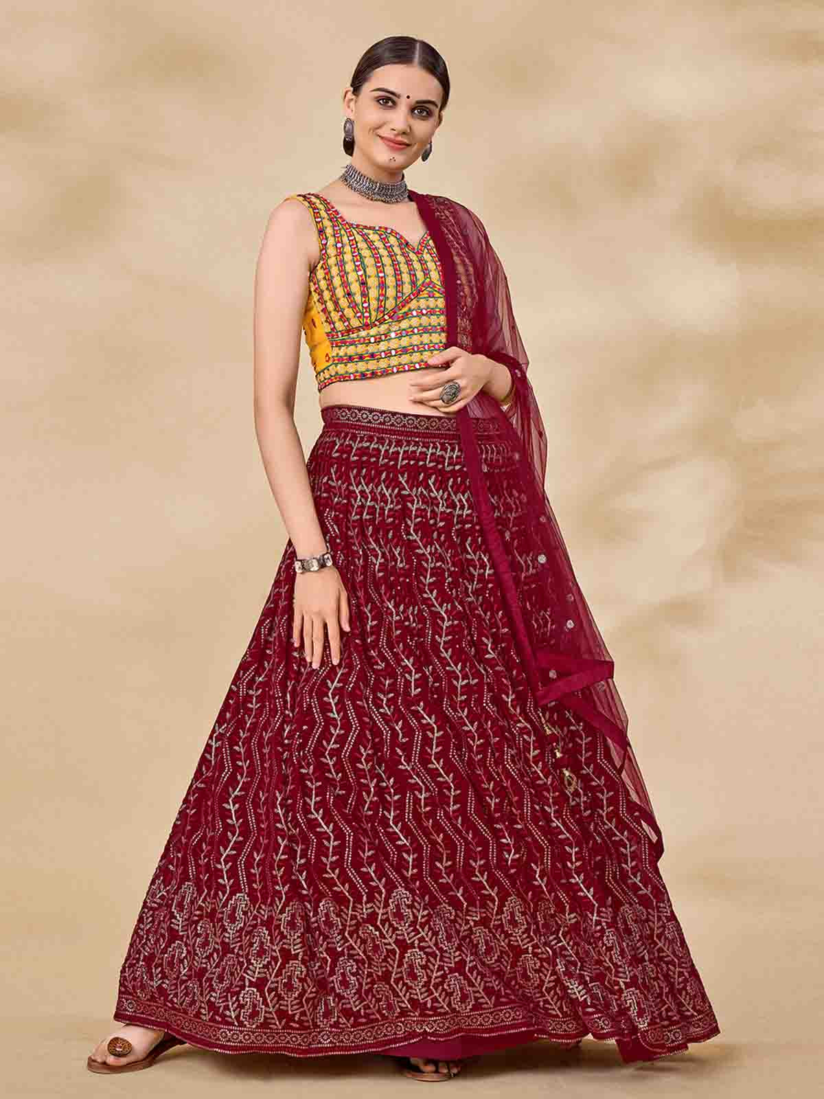 Odette Women Maroon Embroidered Semi Stitched Lehenga With Unstitched Blouse