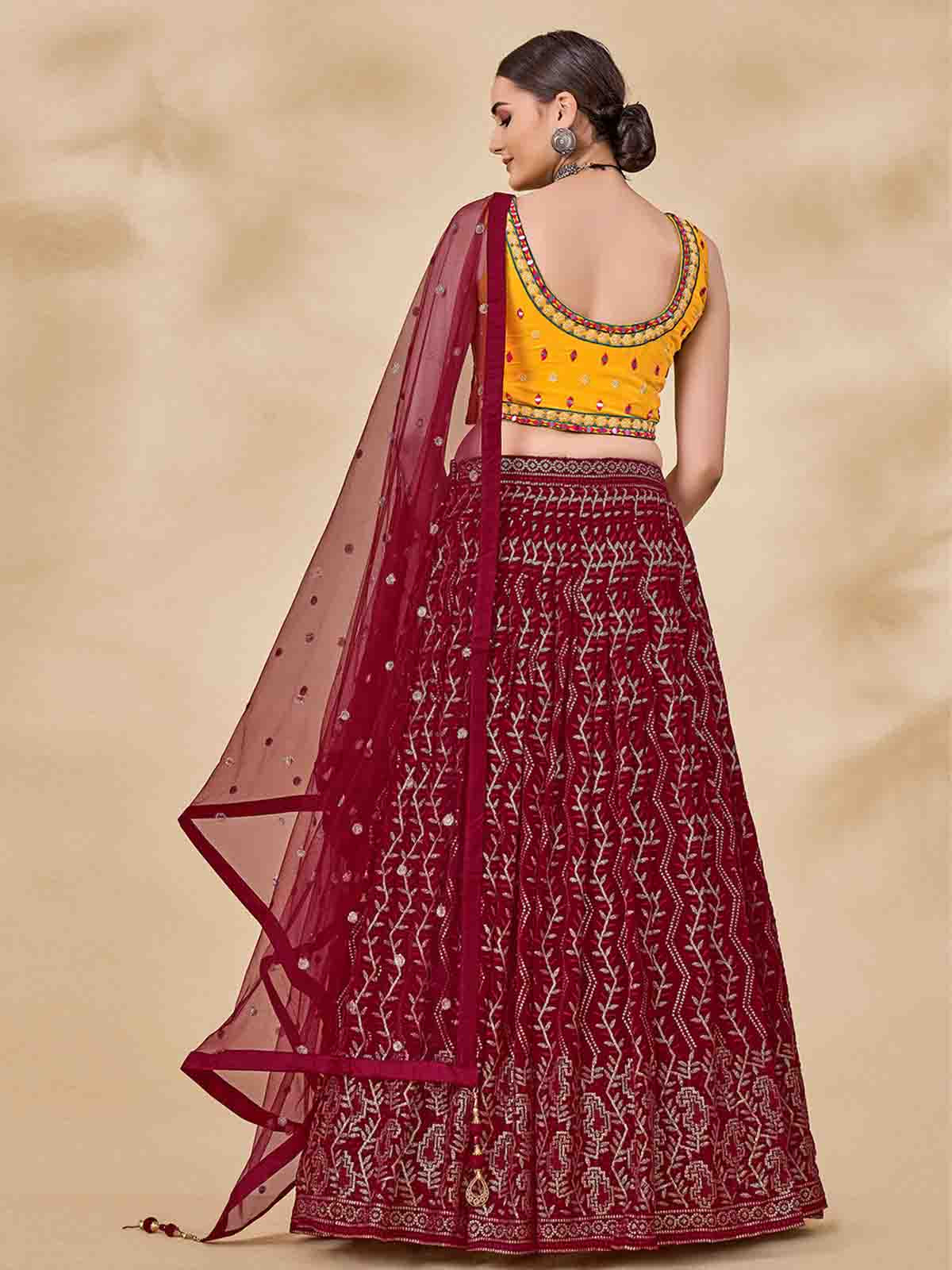 Odette Women Maroon Embroidered Semi Stitched Lehenga With Unstitched Blouse