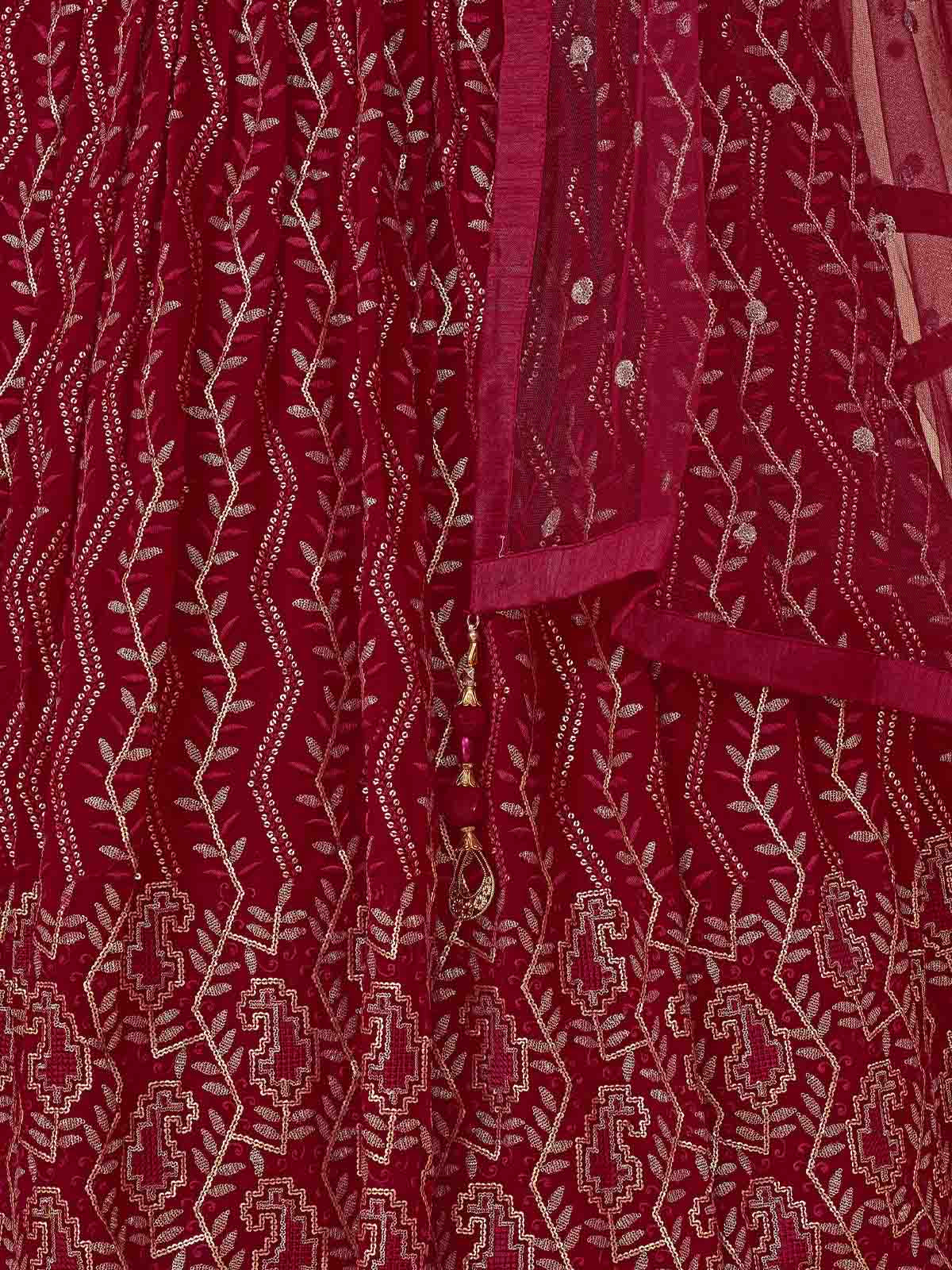 Odette Women Maroon Embroidered Semi Stitched Lehenga With Unstitched Blouse