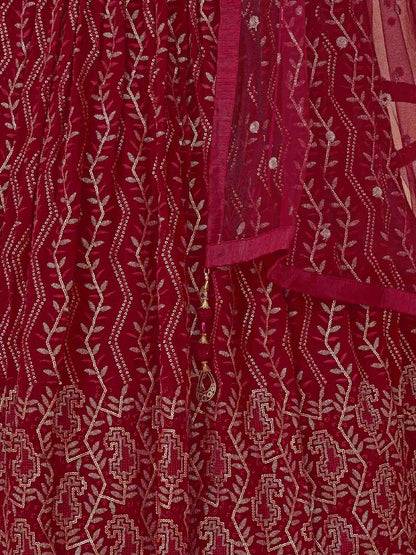 Odette Women Maroon Embroidered Semi Stitched Lehenga With Unstitched Blouse