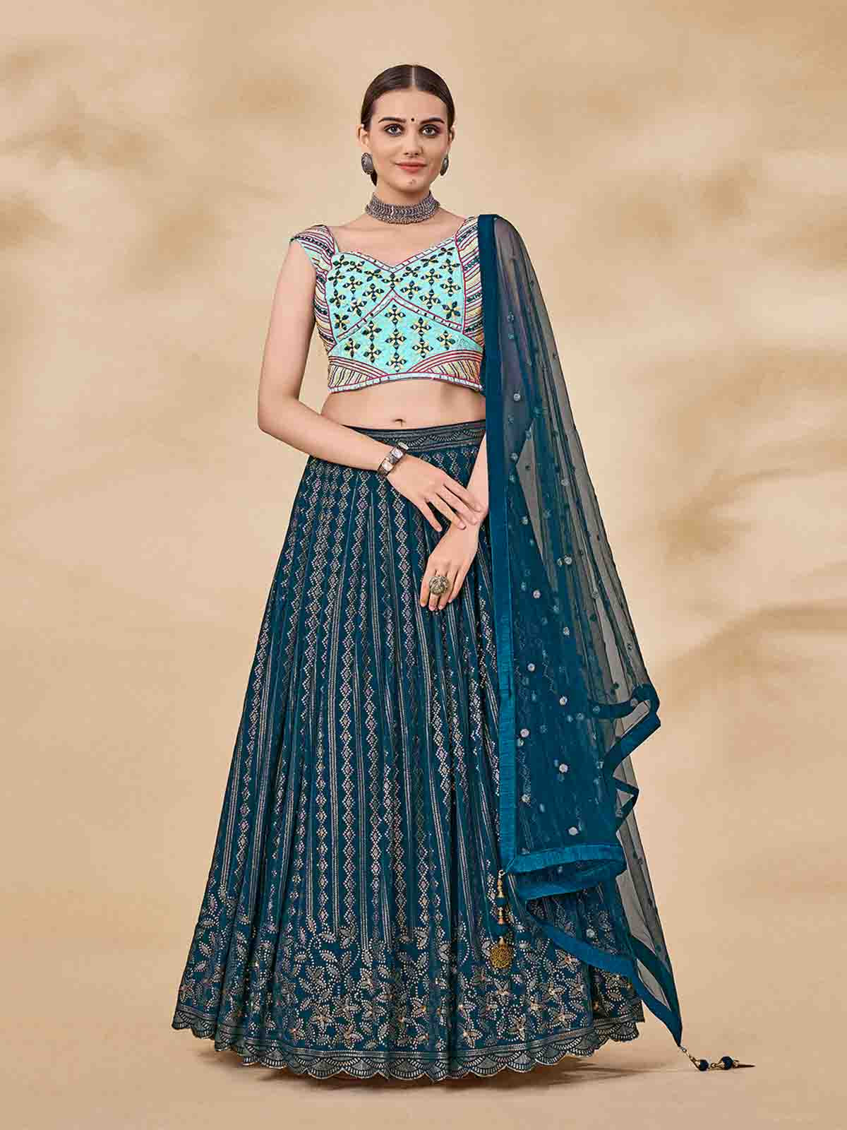 Odette Women Teal Embroidered Semi Stitched Lehenga With Unstitched Blouse