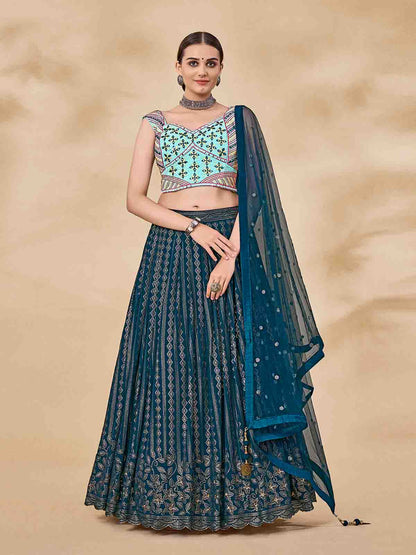 Odette Women Teal Embroidered Semi Stitched Lehenga With Unstitched Blouse