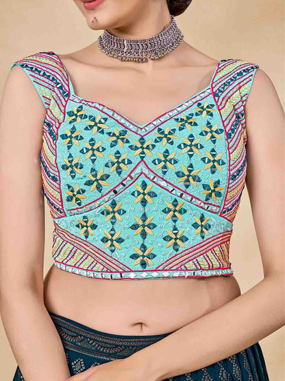 Odette Women Teal Embroidered Semi Stitched Lehenga With Unstitched Blouse