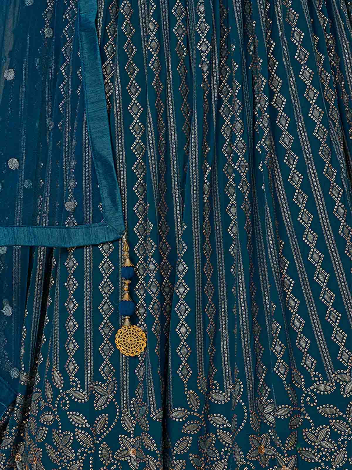 Odette Women Teal Embroidered Semi Stitched Lehenga With Unstitched Blouse