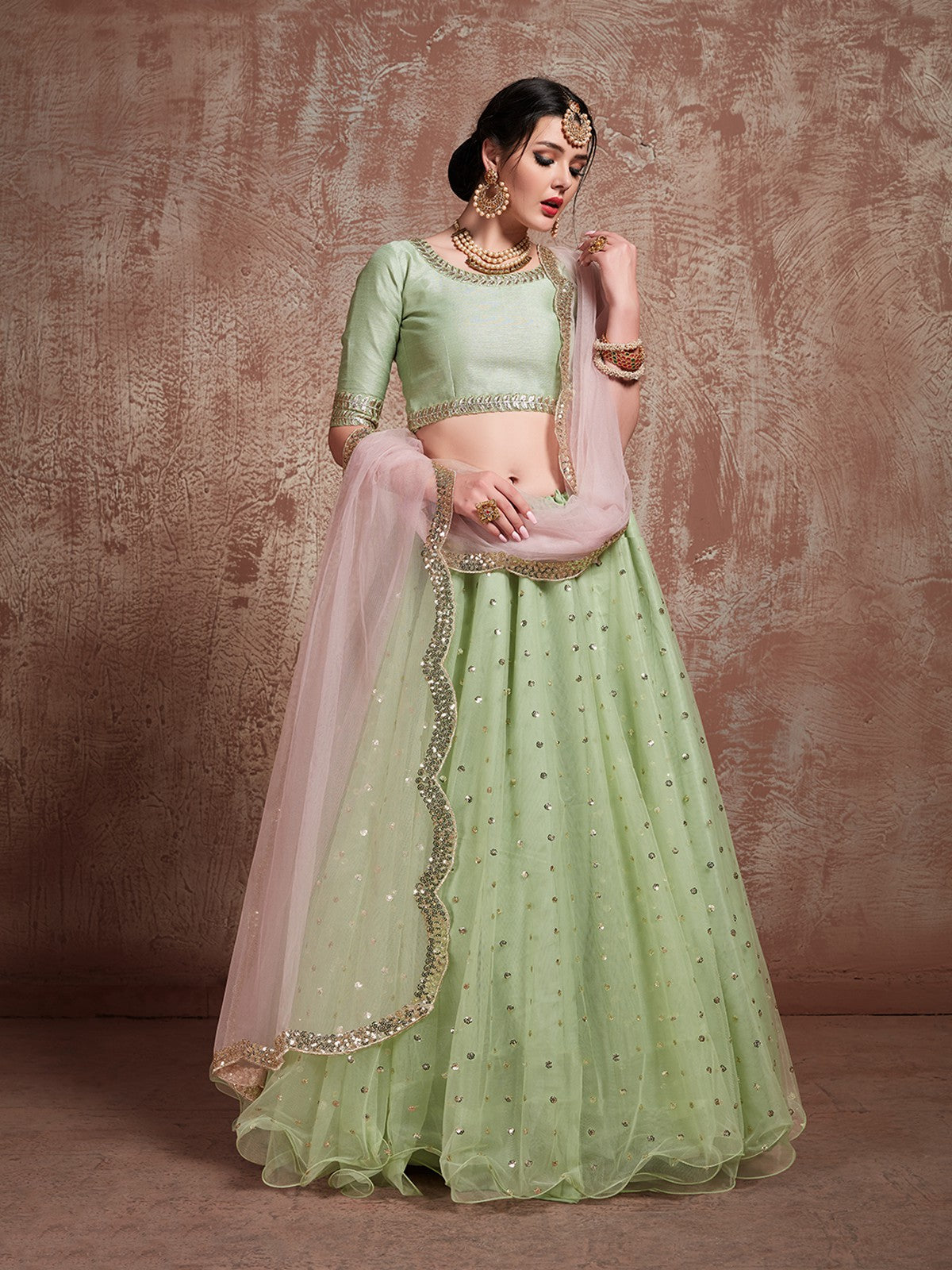 Odette Women Green Sequins Sassy Semi Stitched Lehenga With Unstitched Blouse