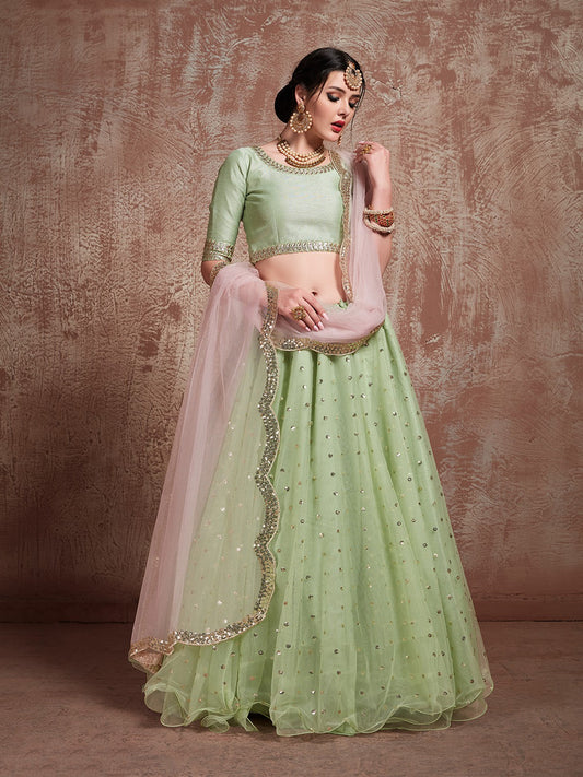 Odette Women Green Sequins Sassy Semi Stitched Lehenga With Unstitched Blouse