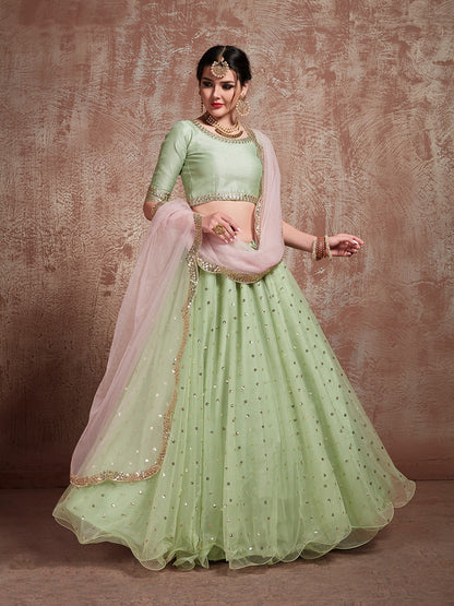 Odette Women Green Sequins Sassy Semi Stitched Lehenga With Unstitched Blouse