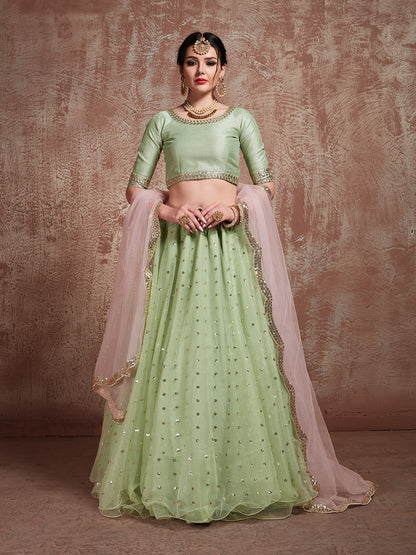 Odette Women Green Sequins Sassy Semi Stitched Lehenga With Unstitched Blouse