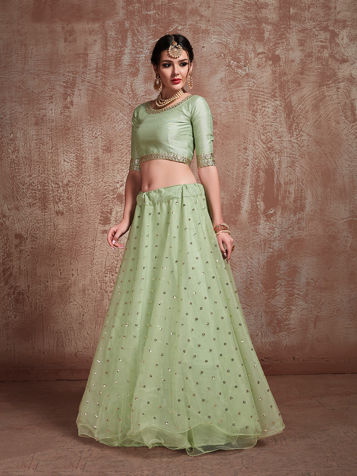 Odette Women Green Sequins Sassy Semi Stitched Lehenga With Unstitched Blouse