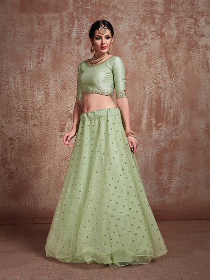 Odette Women Green Sequins Sassy Semi Stitched Lehenga With Unstitched Blouse