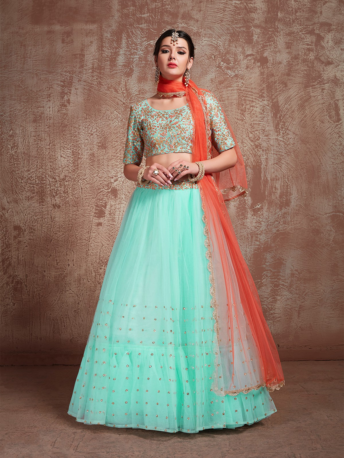 Odette Women Sea Green Stunning Semi Stitched Lehenga With Unstitched Blouse