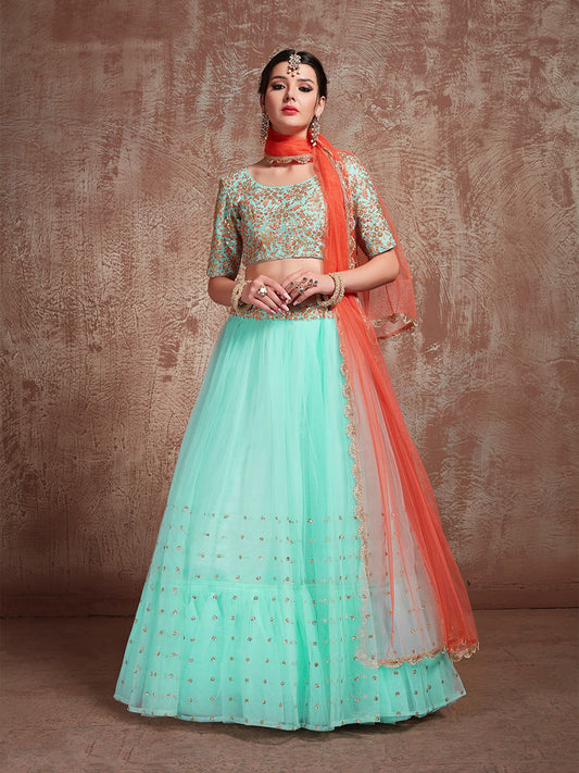 Odette Women Sea Green Stunning Semi Stitched Lehenga With Unstitched Blouse