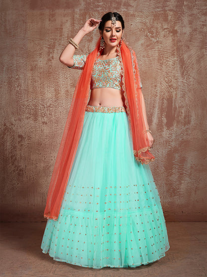 Odette Women Sea Green Stunning Semi Stitched Lehenga With Unstitched Blouse