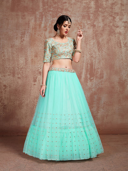 Odette Women Sea Green Stunning Semi Stitched Lehenga With Unstitched Blouse