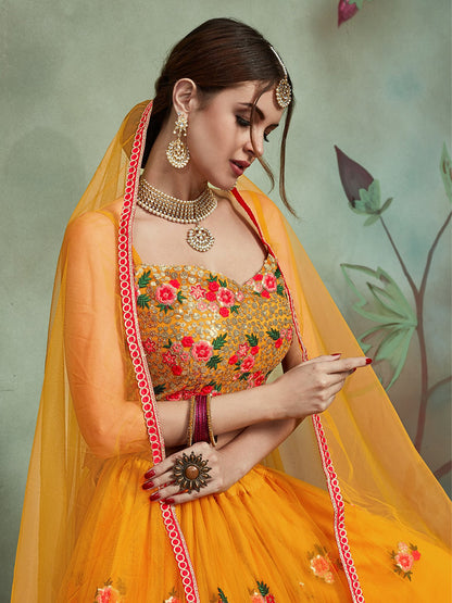Odette Women Mustard Color Soft Net Sequins Semi Stitched Lehenga With Unstitched Blouse
