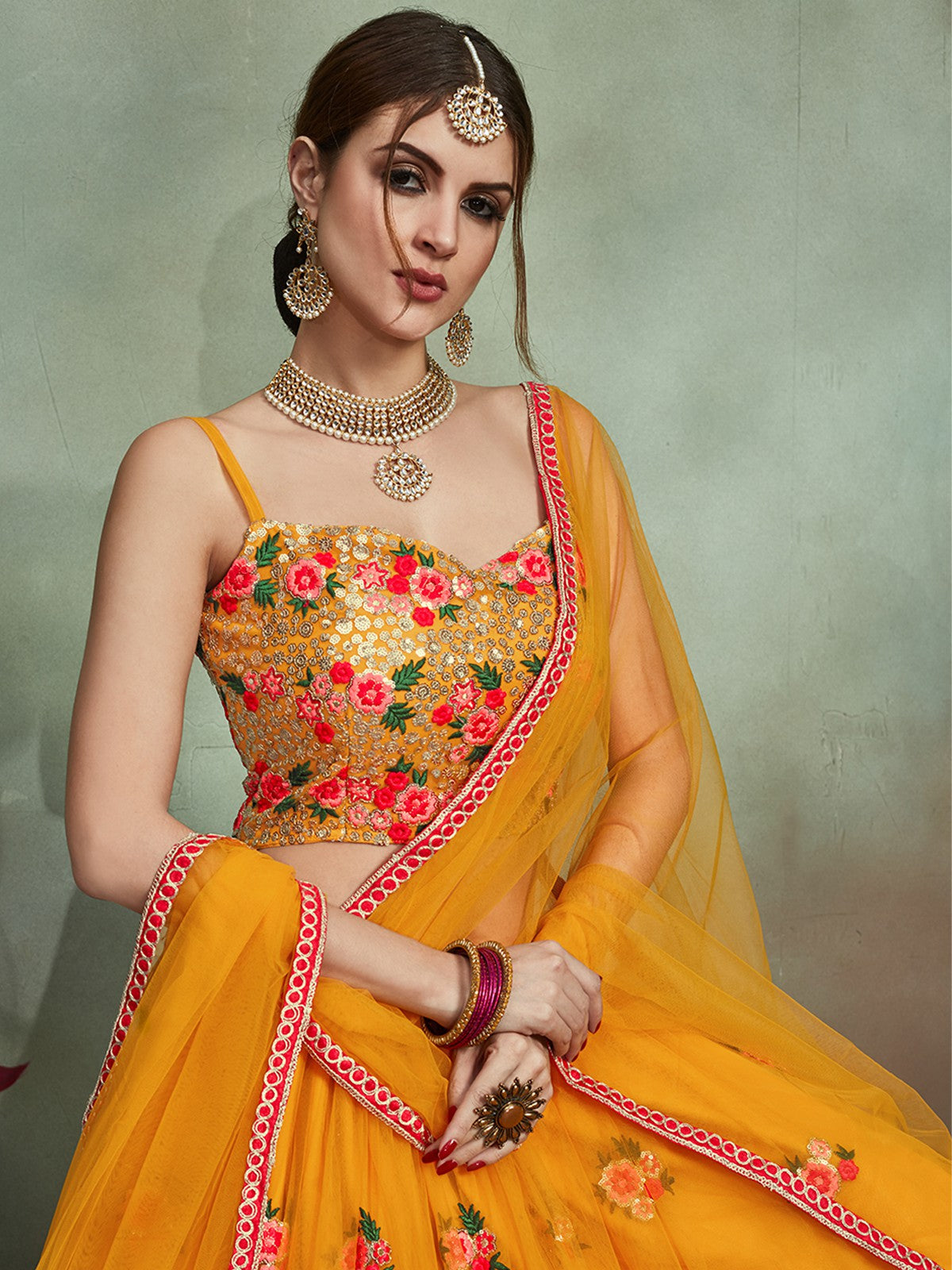 Odette Women Mustard Color Soft Net Sequins Semi Stitched Lehenga With Unstitched Blouse