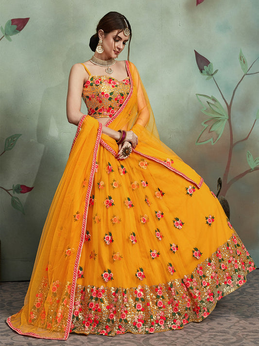 Odette Women Mustard Color Soft Net Sequins Semi Stitched Lehenga With Unstitched Blouse