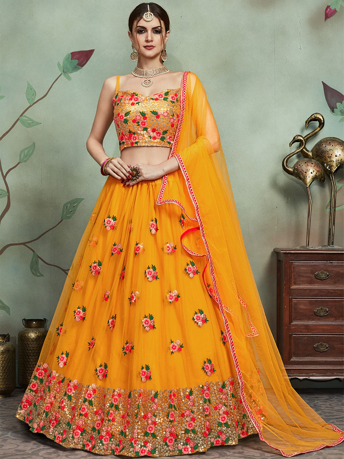 Odette Women Mustard Color Soft Net Sequins Semi Stitched Lehenga With Unstitched Blouse