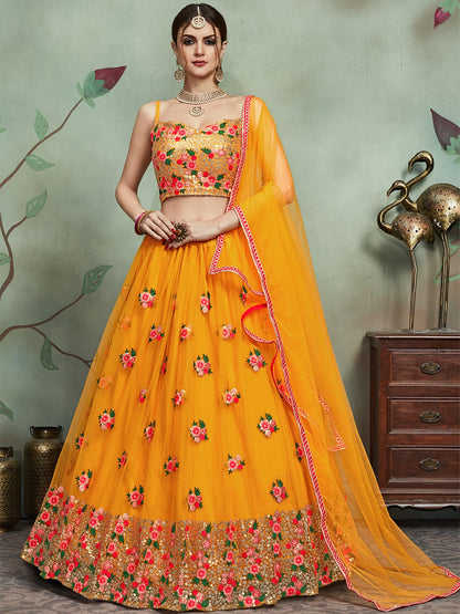 Odette Women Mustard Color Soft Net Sequins Semi Stitched Lehenga With Unstitched Blouse