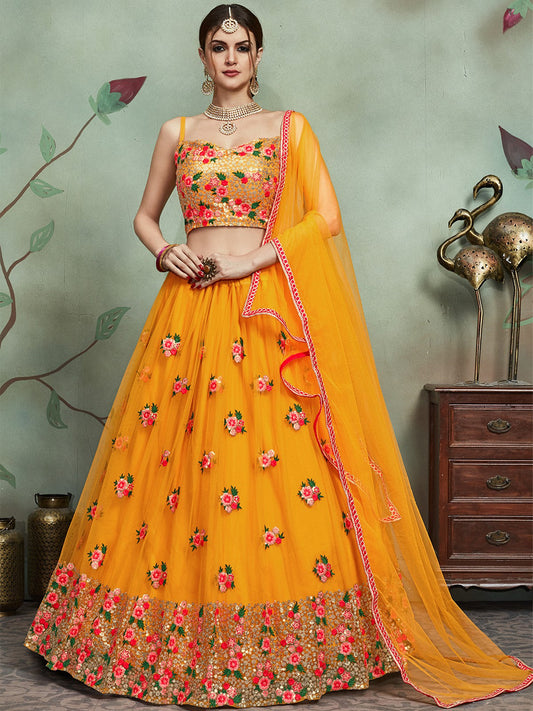 Odette Women Mustard Color Soft Net Sequins Semi Stitched Lehenga With Unstitched Blouse