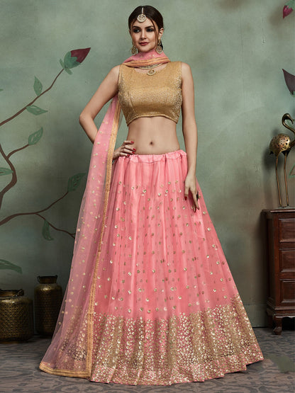Odette Women Peach Soft Net Seqins Semi Stitched Lehenga With Unstitched Blouse