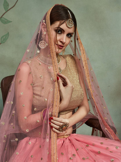 Odette Women Peach Soft Net Seqins Semi Stitched Lehenga With Unstitched Blouse