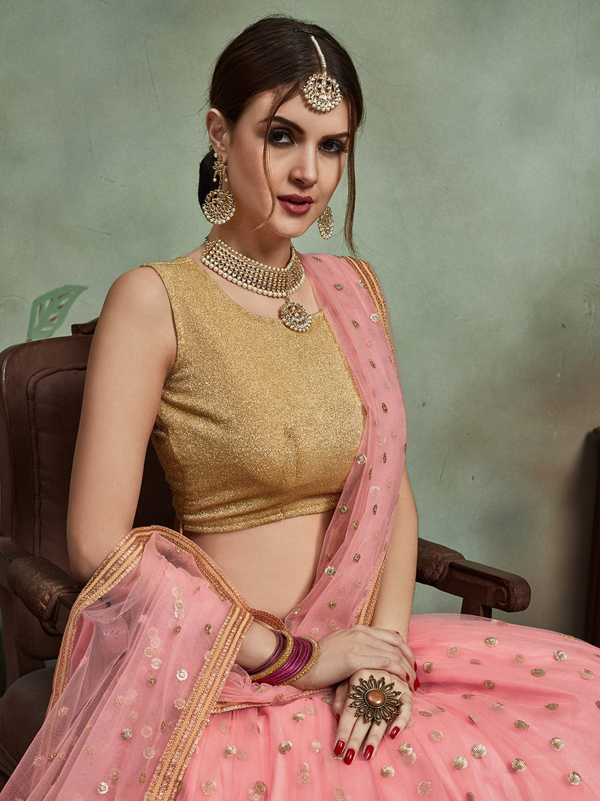 Odette Women Peach Soft Net Seqins Semi Stitched Lehenga With Unstitched Blouse