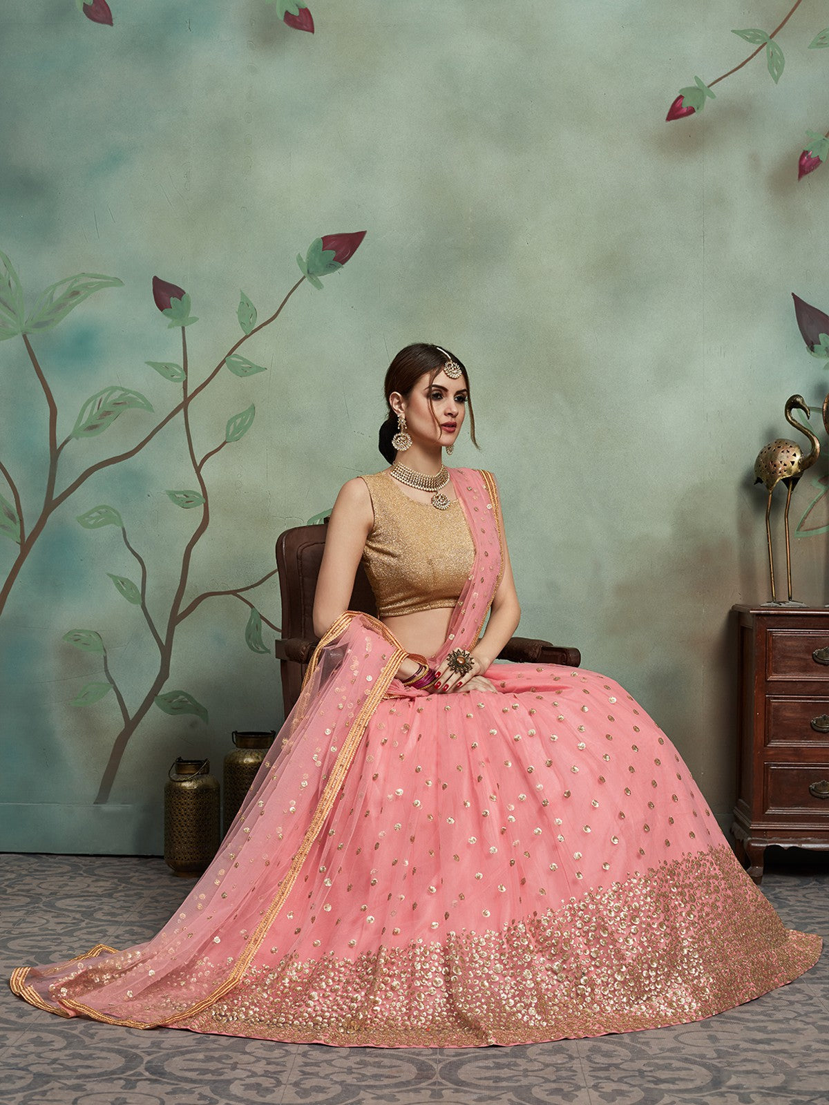 Odette Women Peach Soft Net Seqins Semi Stitched Lehenga With Unstitched Blouse
